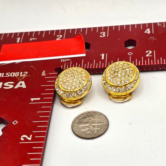 Christian Dior Earrings Pave Clustered Rhinestones Button Classic Design Clip On - Picture 4 of 10